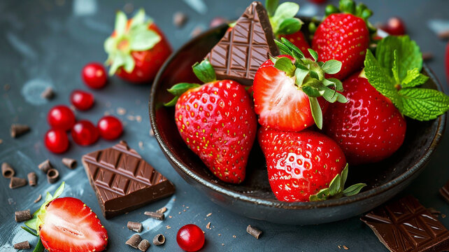 Acercamiento de un taz&oacute;n de fresas con chocolate