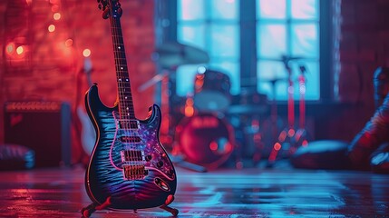 Electric Guitar Under Red and Blue Lights