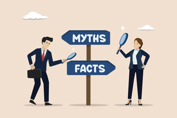 Fact vs Myth, truth or lie, trustworthy or not, fraud or wrong direction concept, business people with Fact vs Myth direction sign.
