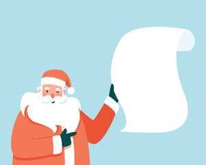 Santa Claus holds a blank piece of paper in his hand and winks. New Year's message or congratulations from Santa Claus. Santa Claus read your letter. Flat vector illustration.