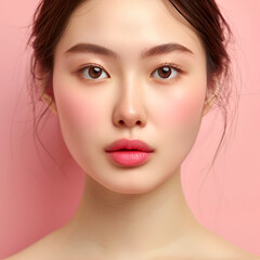 Fototapeta premium Close-up photo of a beautiful Asian woman Light tone makeup, light pink balm lipstick on a pink background.