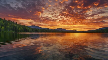 Vibrant Sunset Over Serene Mountain Lake with Reflections