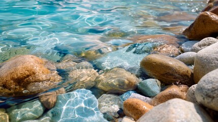 Obraz premium Clear Water Flowing Over Colorful River Rocks