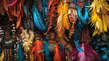Fototapeta premium Colorful handcrafted array of headpieces using dyed feathers beads and braided strings Ample space for focus