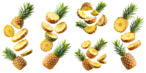 Pineapple slices flying isolated on transparent background PNG file