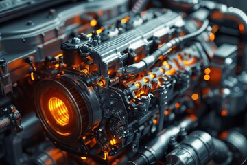Fototapeta premium Close-up of a high-performance engine with intricate details and glowing components. Perfect for automotive and engineering themes.