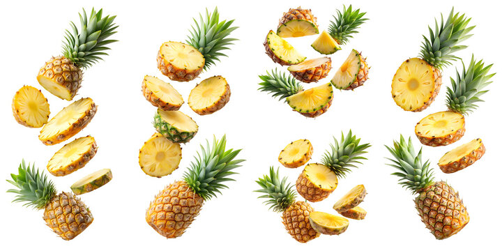 Pineapple slices flying isolated on transparent background PNG file