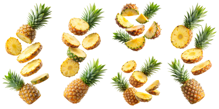Pineapple slices flying isolated on transparent background PNG file