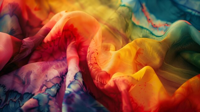 A close-up of fabric dyes blending, forming unique patterns with vibrant colors and artistic flair.