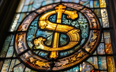 Generative AI of Stunning Stained Glass Art Featuring Dollar Sign: Concept for the Idolatry of Money, Culture of Greed, and Capitalism