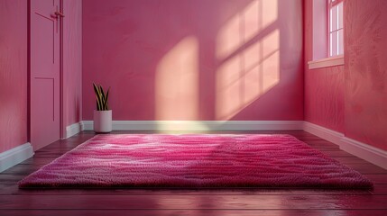 Pink Room Interior with Sunlight and Fuzzy Rug
