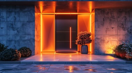 Modern Home Entrance with Orange Neon Lights