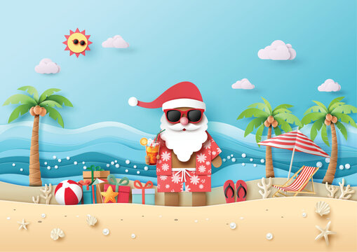 Christmas in July with Santa on Sunny Beach Background