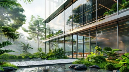 Fototapeta premium Environmentally conscious business architecture featuring a modern glass building and green plant life