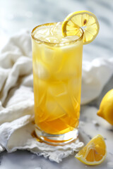 Fototapeta premium A photorealistic golden-yellow mocktail, garnished with a thin slice of dehydrated lemon and a touch of edible gold leaf. The drink is served in a tall, slender glass with a minimalist design