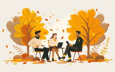 Three people working together outdoors under fall foliage.