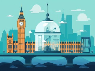 Modern aquarium with columns, Big Ben backdrop, flat design illustration