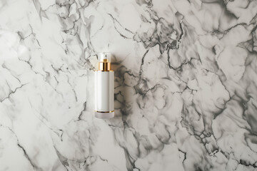 Luxury Cosmetic Plastic Bottle Mockup with Elegant Gold Cap on Marble Background – Premium Packaging Design for High-End Skincare and Beauty Products -- Copy space 