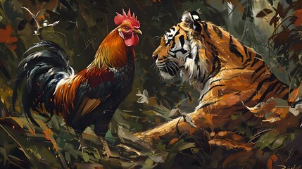 Dramatic Standoff Between Rooster and Mighty Bengal Tiger in Lush Tropical Jungle