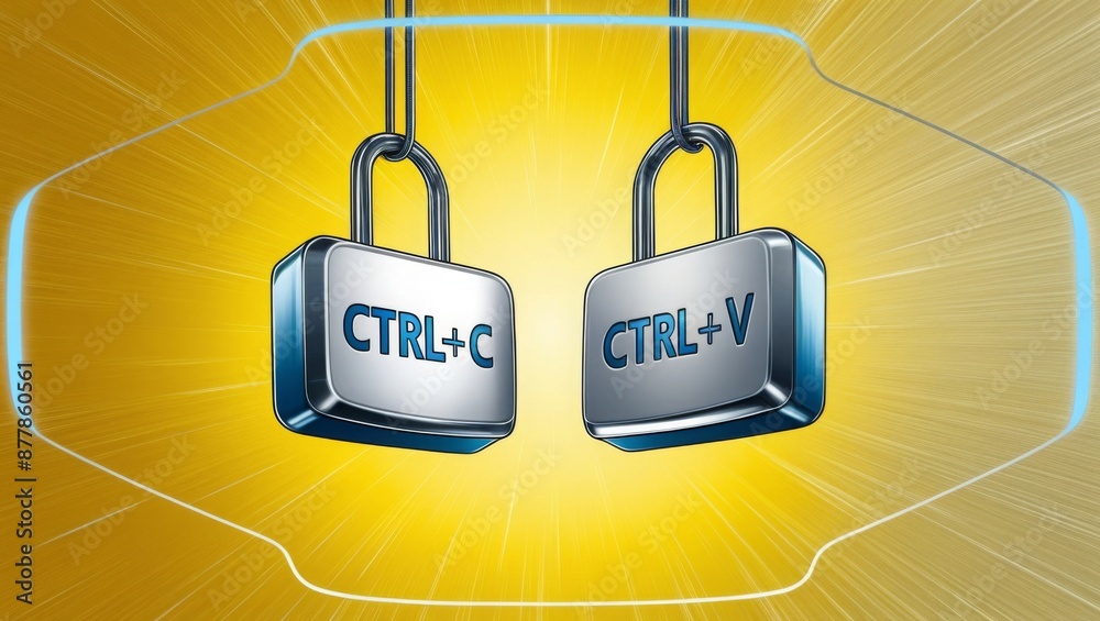 Aufkleber keyboard keys Ctrl C and Ctrl V, copy and paste the key shortcuts on yellow background