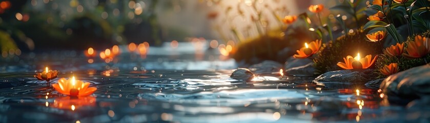 Enchanting scene of glowing flowers floating on a serene stream at sunset, creating a magical and peaceful atmosphere.