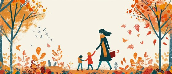 A mother and her two children walk through an autumnal forest, leaves falling around them.