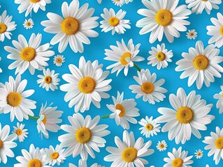 Obraz premium Seamless vector pattern featuring cheerful white daisy flowers with yellow centers, scattered evenly across a vibrant blue background, creating a fresh and lively floral design