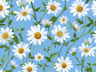 Fototapeta premium Elegant seamless pattern with delicate white daisies and lush green stems, arranged on a bright blue backdrop, perfect for a playful and refreshing floral design