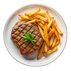 Grilled beef steak and fries on white plate top view isolated on transparent background