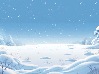 An intricate vector illustration of a flat landscape depicting a snowy background with snowdrifts and a light snowfall. The clear blue sky contrasts with the soft white snow, and the blizzard adds a