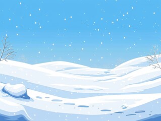 A vivid vector illustration showing a flat winter landscape with a snowy background, detailed snowdrifts, and a steady snowfall under a clear blue sky. The light blizzard effect enhances the