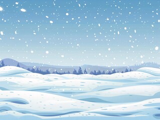 A vivid vector illustration showing a flat winter landscape with a snowy background, detailed snowdrifts, and a steady snowfall under a clear blue sky. The light blizzard effect enhances the