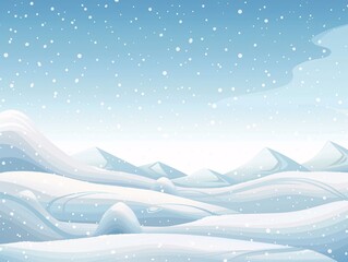A comprehensive vector illustration of a flat landscape characterized by a snowy background, extensive snowdrifts, and continuous snowfall. The clear blue sky and gentle blizzard effect create a