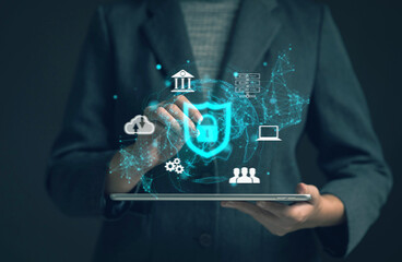 Businessman finger touching padlock icon.Cybersecurity protection concept.Innovative digital crime prevention technology.Financial data protection financial transaction security.