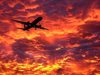 Obraz premium An awe-inspiring image of a dramatic sunrise sky, ablaze with fiery colors and wispy clouds, accompanied by the silhouette of an airplane soaring gracefully, offering a captivating glimpse of the
