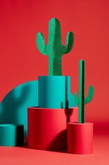 A cactus in the shape of red and green paper cutouts, on round podiums with different heights