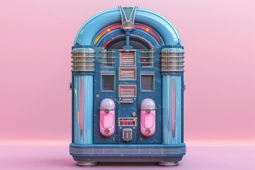 Vintage blue and pink jukebox, set against a bold pink backdrop, classic and eye-catching, high contrast, 3D rendering