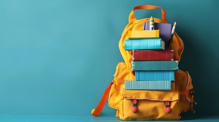 A backpack overflowing with educational books and supplies, set against a copy space background, Realistic, Crisp detail, Bright and inviting tones