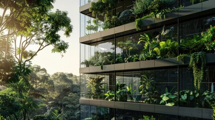 Fototapeta premium an eco-friendly glass building with bright green plants, trees and shrubs. Clean air is one example of sustainable architecture.