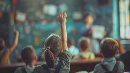 Fototapeta premium Photos of education and school concepts Focus on American schoolchild studying in class, raising right hand, blurred teacher, blackboard in front of class teacher participation