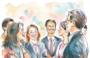 A group of cheerful business people are engaging in lively conversation at exhibition event. Colorful watercolor style adds a playful and vibrant touch to the scene.