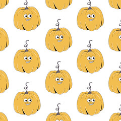 Colorful seamless pattern on Happy Halloween theme. Retro groovy character yellow pumpkin with creepy and skary face. Contemporary vector illustration on white background.