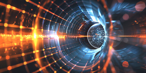 Obraz premium Futuristic Digital Tunnel with Vibrant Blue and Orange Lights: An Abstract Cyber Technology Concept Highspeed Data Transmission in a Futuristic Digital Tunnel: Exploring Vibrant Blue and Orange Lights