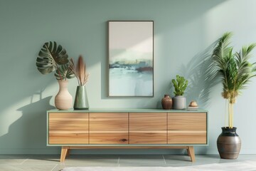 Inviting Scandinavian Interior: Mint Green Palette, Mid-Century Modern Furniture, Decorative Vases, Tasteful Artwork, and Plant Decorations