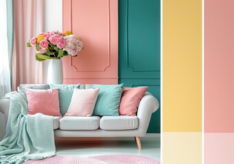 Home decor industry background featuring a living room interior design palette in soothing Peach Fuzz color scheme