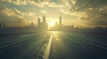 highway in an urban setting with a solid white line down the center, leading towards the horizon with city skyscrapers on either side.