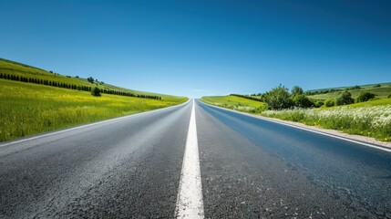 Fototapeta premium A highway stretching into the horizon, with a solid white line down the center, surrounded by a lush green countryside under a clear blue sky.