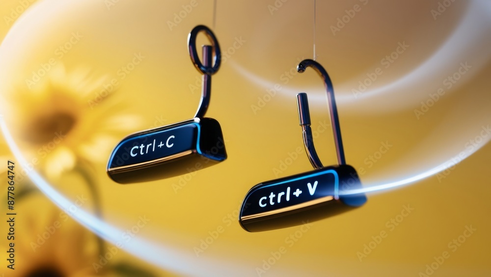 Poster keyboard keys Ctrl C and Ctrl V, copy and paste the key shortcuts on yellow background
