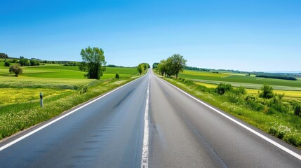 Fototapeta premium A highway stretching into the horizon, with a solid white line down the center, surrounded by a lush green countryside under a clear blue sky.