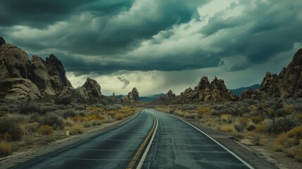 highway with a dashed white line down the center, cutting through a rugged mountainous landscape under a cloudy, overcast sky.